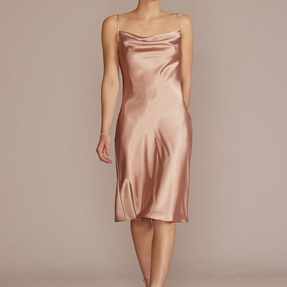 David's Bridal Dresses & Skirts - Midi Charmeuse Bridesmaid Satin Slip Dress - champagne,cream,sand - plus sz